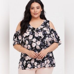 Torrid Textured Woven With Eyelet Trim Cold Shoulder Top